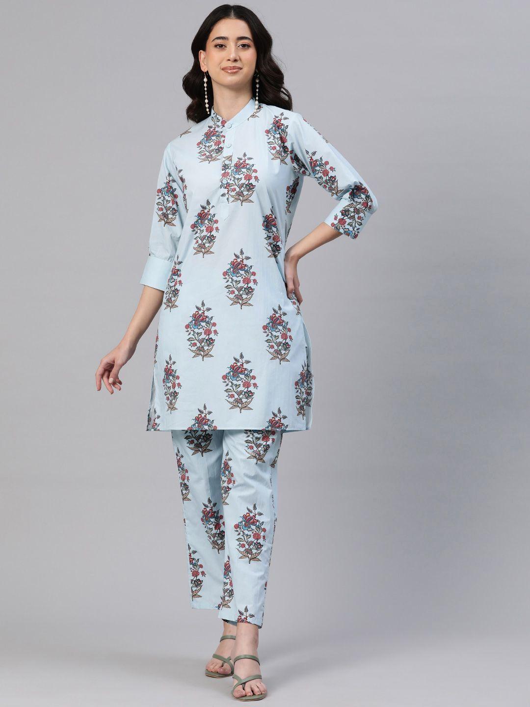 buta buti floral printed regular pure cotton kurti with trousers