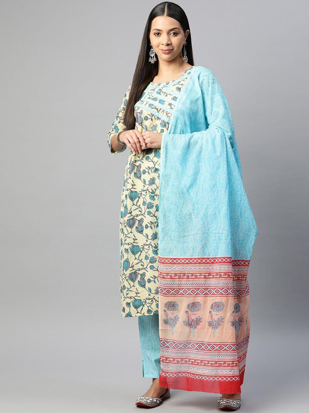 buta buti floral printed regular pure cotton straight kurta with trousers & dupatta