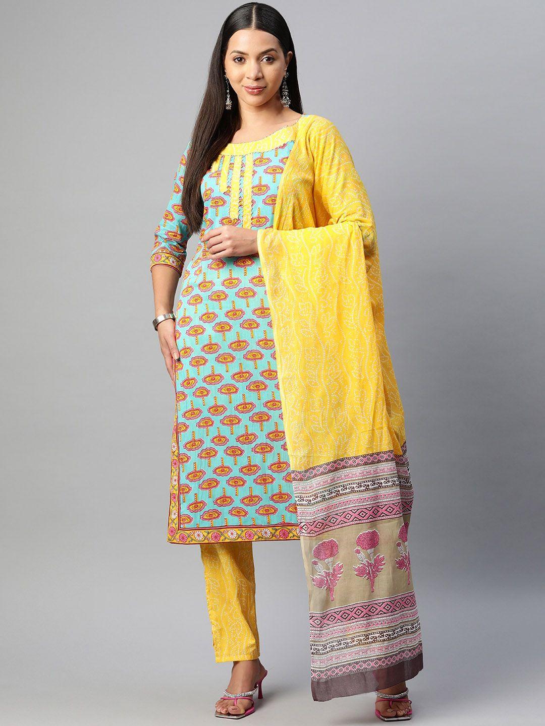 buta buti floral printed round neck pure cotton straight kurta with trousers & dupatta