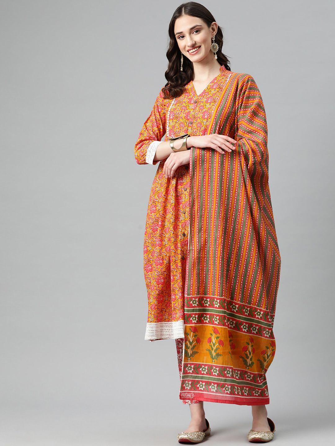 buta buti floral printed v-neck pure cotton straight kurta with trousers & dupatta