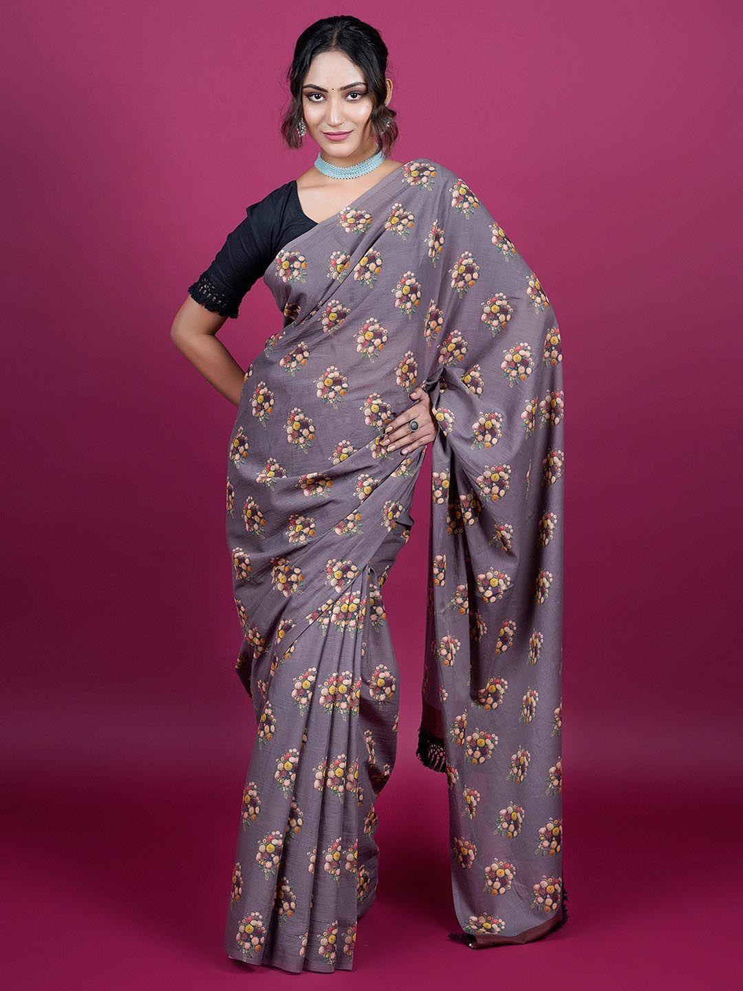 buta buti khaki & brown floral pure cotton designer saree