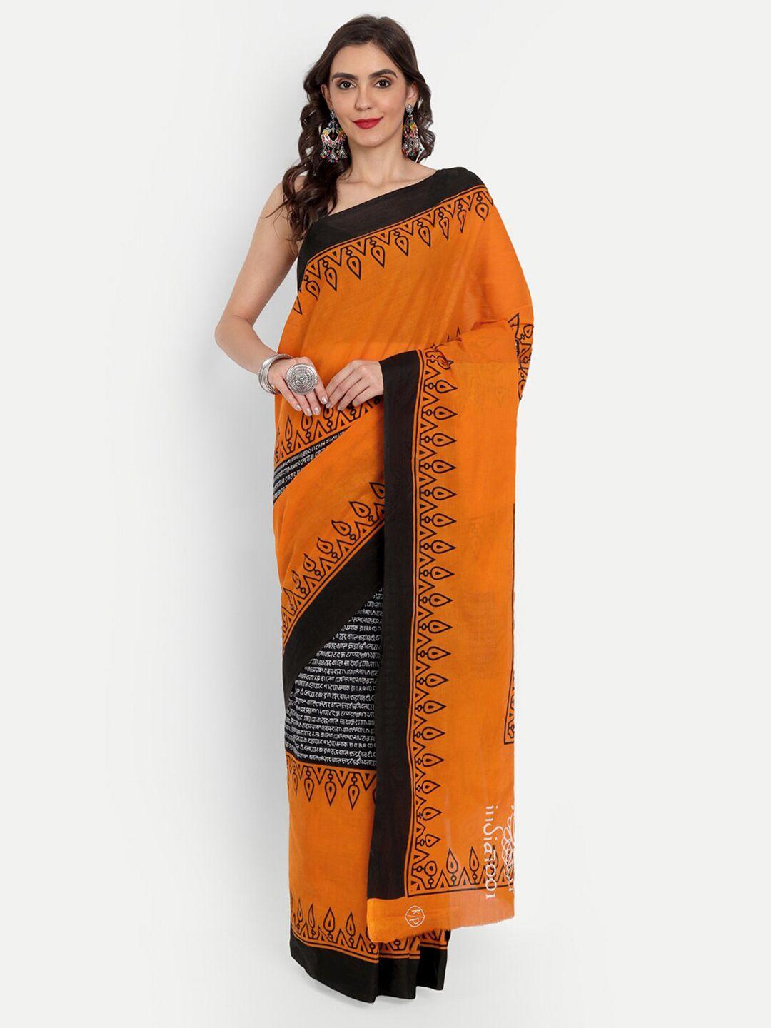 buta buti orange & black ethnic motifs pure cotton  saree