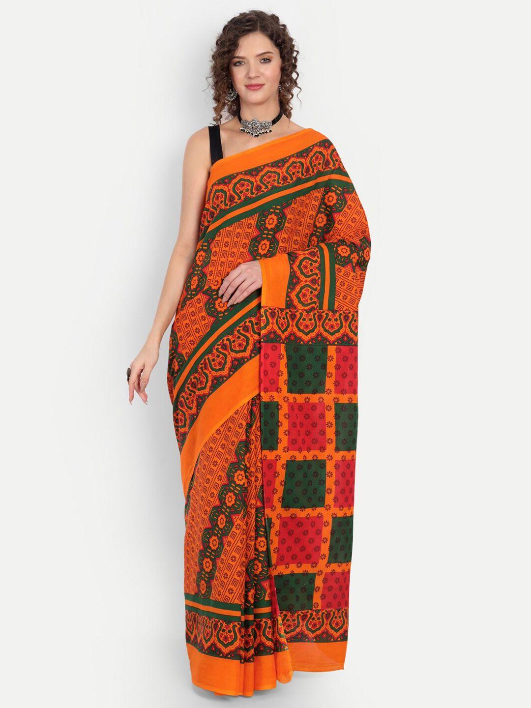 buta buti orange & green ethnic motifs pure cotton saree