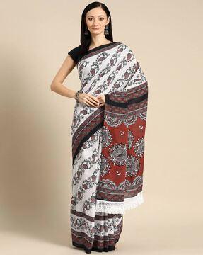 buta buti red colour hand drawn madhubani printed cotton saree and lace printed saree