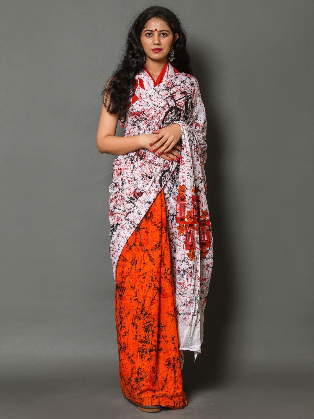 buta buti white & orange pure cotton ready to wear saree