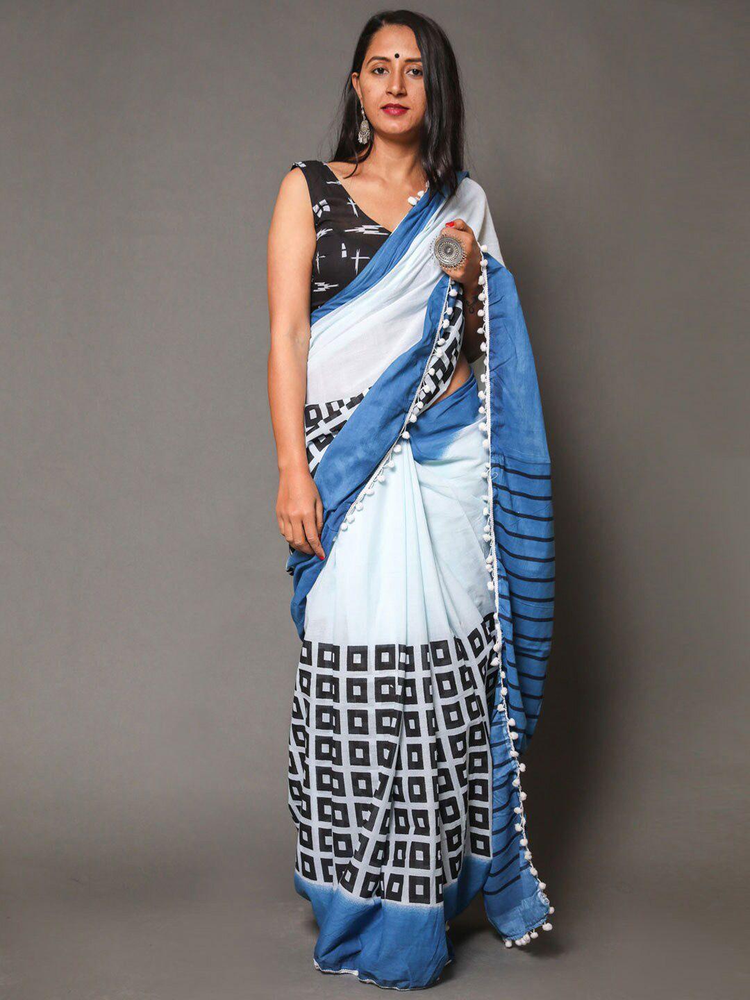 buta buti women blue & white geometric printed pure cotton saree