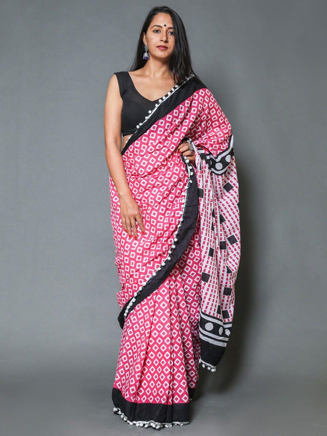 buta buti women pink & white geometric printed pure cotton saree