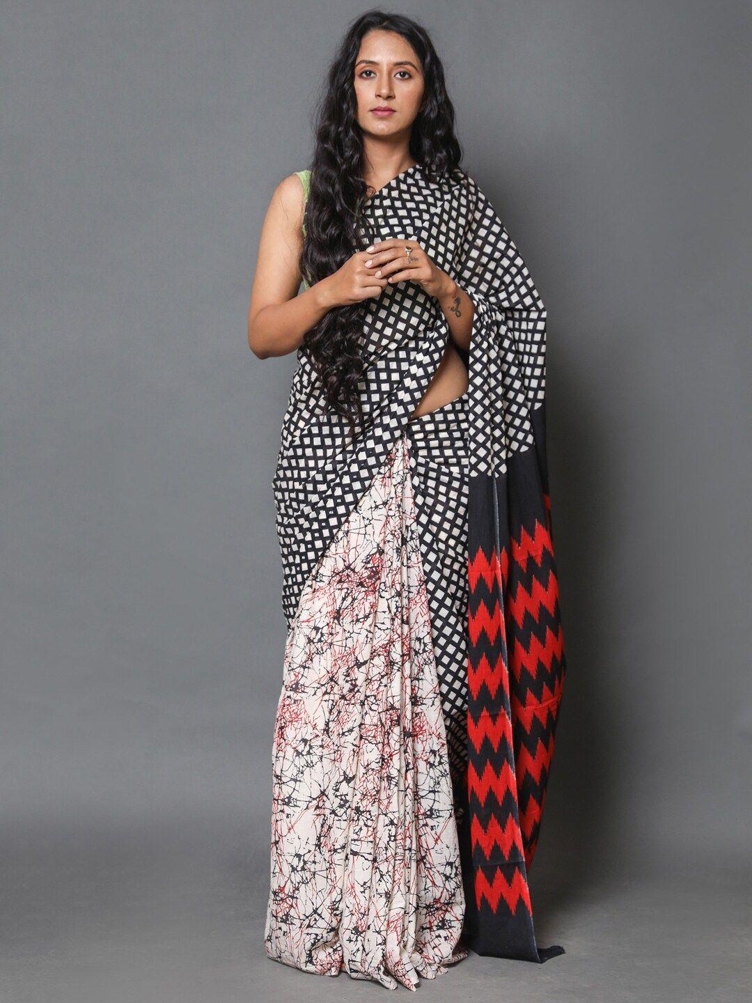 buta buti women white & black abstract  pure cotton saree