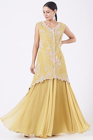 butter yellow embroidered cape set