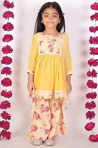 butter yellow floral printed frock kurta set for girls