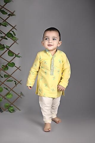 butter yellow hand embroidered kurta set for boys