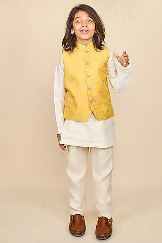 butter yellow handloom silk chanderi zari embroidered nehru jacket set for boys