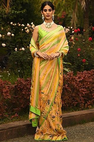 butter yellow & leaf green hand embroidered & printed saree set