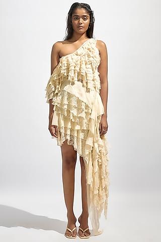 butter yellow chiffon & lace one shoulder ruffled dress