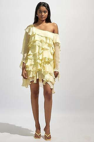 butter yellow chiffon ruffled one shoulder dress