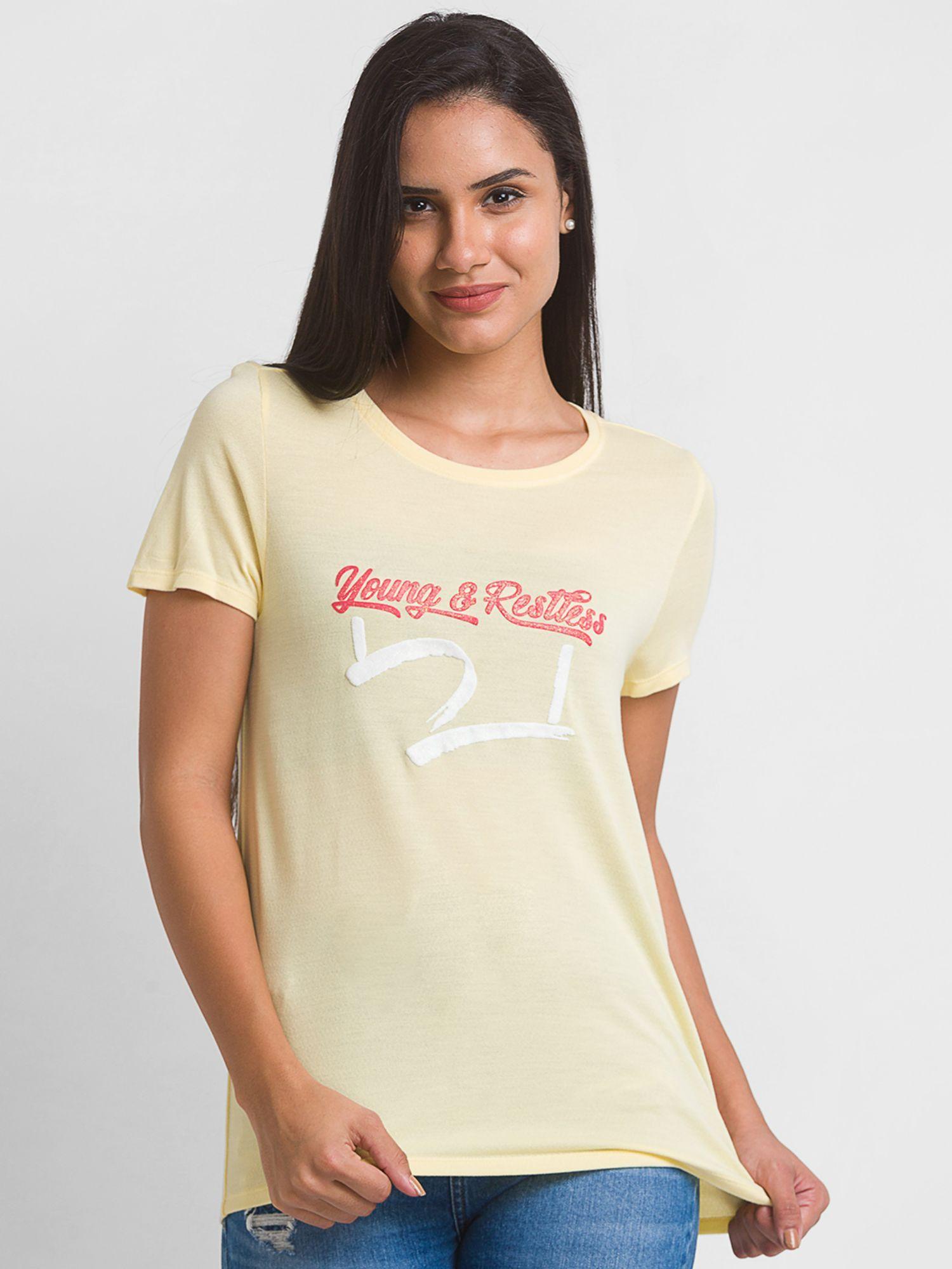 butter yellow cotton blend half sleeve printed casual t-shirt for women