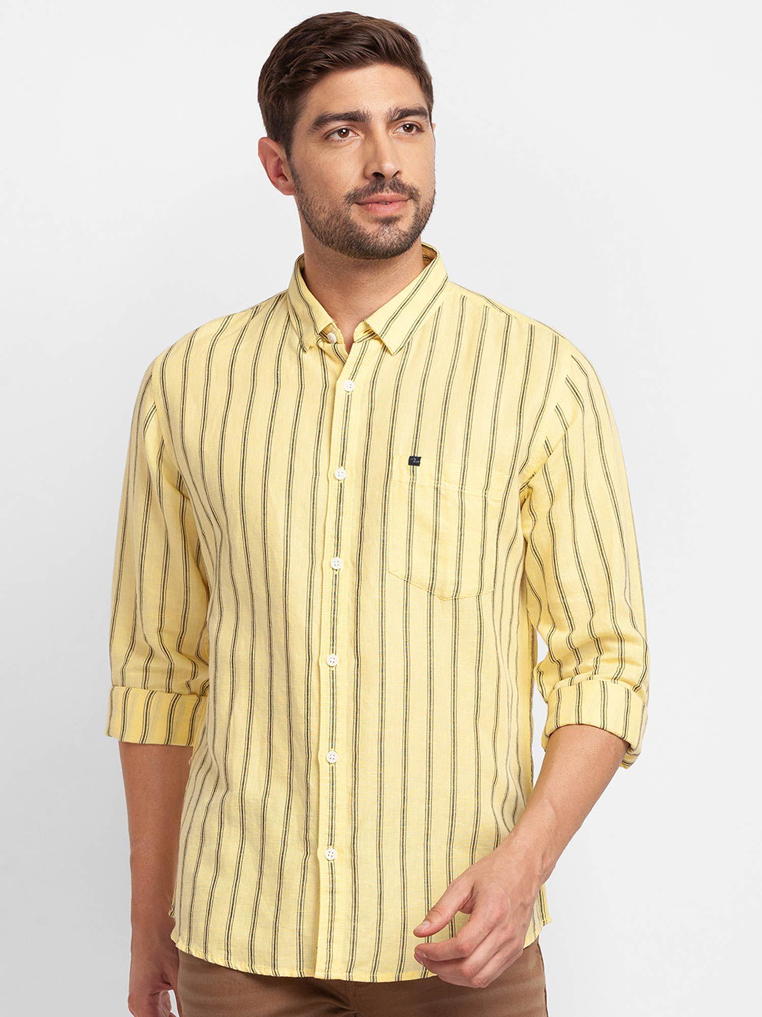 butter yellow cotton full sleeve stripes shirt for men