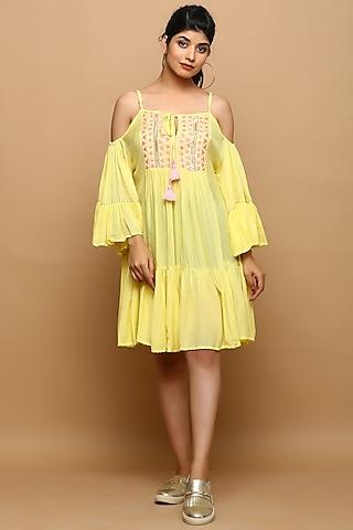 butter yellow embroidered gathered dress