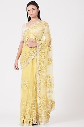 butter yellow embroidered saree set