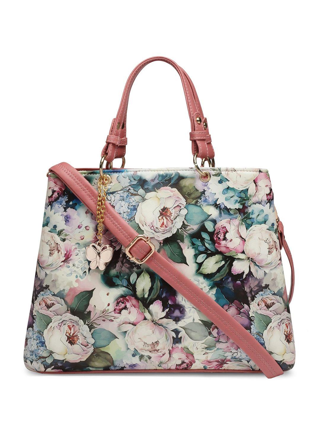 butterflies peach-coloured floral printed pu shoulder bag