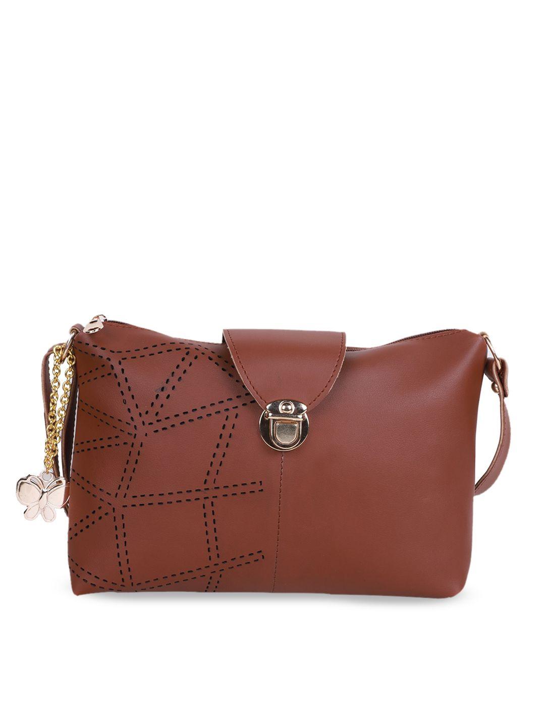 butterflies tan pu structured sling bag with cut work