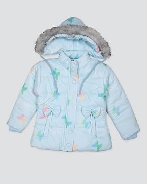 butterfly print jacket with fur-lined hoodie