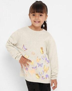 butterfly print sweater with ribbed hems