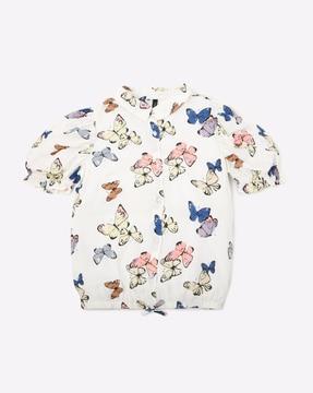 butterfly print top with puff sleeves