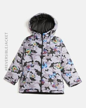 butterfly print zip-front reversible hooded jacket