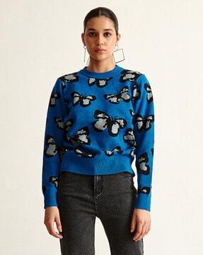 butterfly knit crew-neck pullover