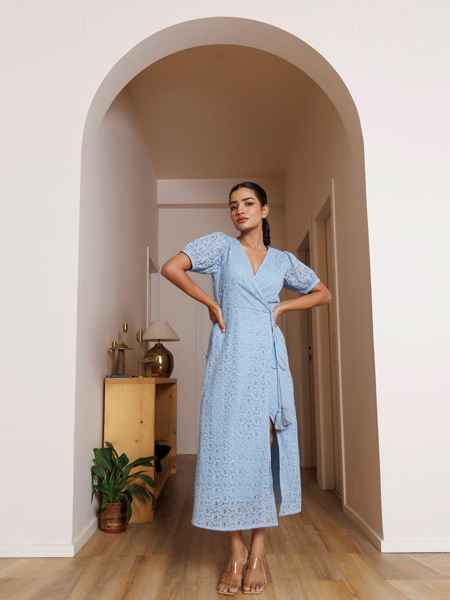 butterfly pea blue cotton embroidered net maxi dress