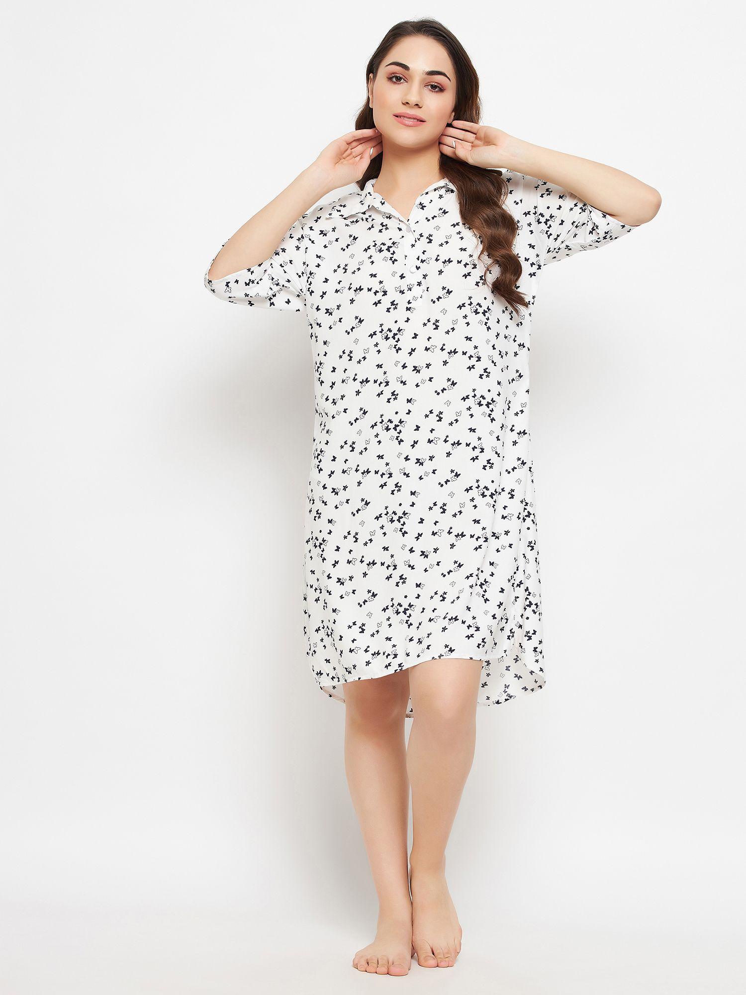 butterfly print button down sleep shirt in white - rayon