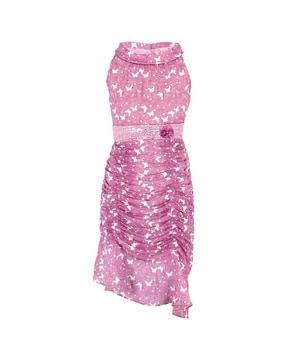 butterfly print sheath dress with floral applique