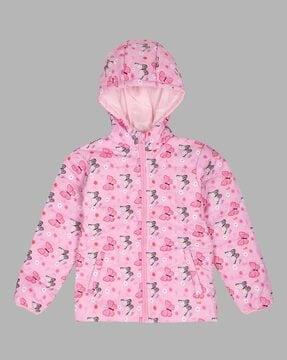 butterfly print zip-front hooded jacket