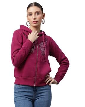 butterfly print zip-front hooded sweatshirt