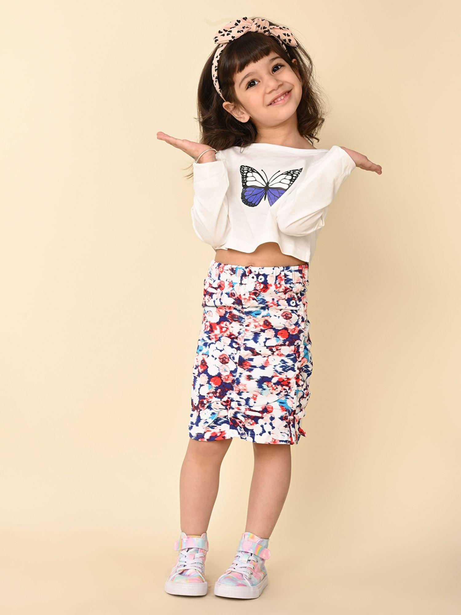 butterfly printed crop top with floral print white multi skirt (set of 2)