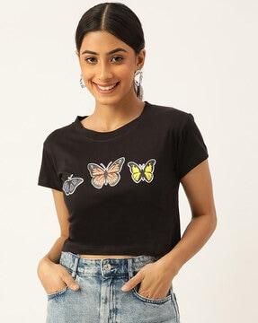 butterfly printed crop top with short sleeve