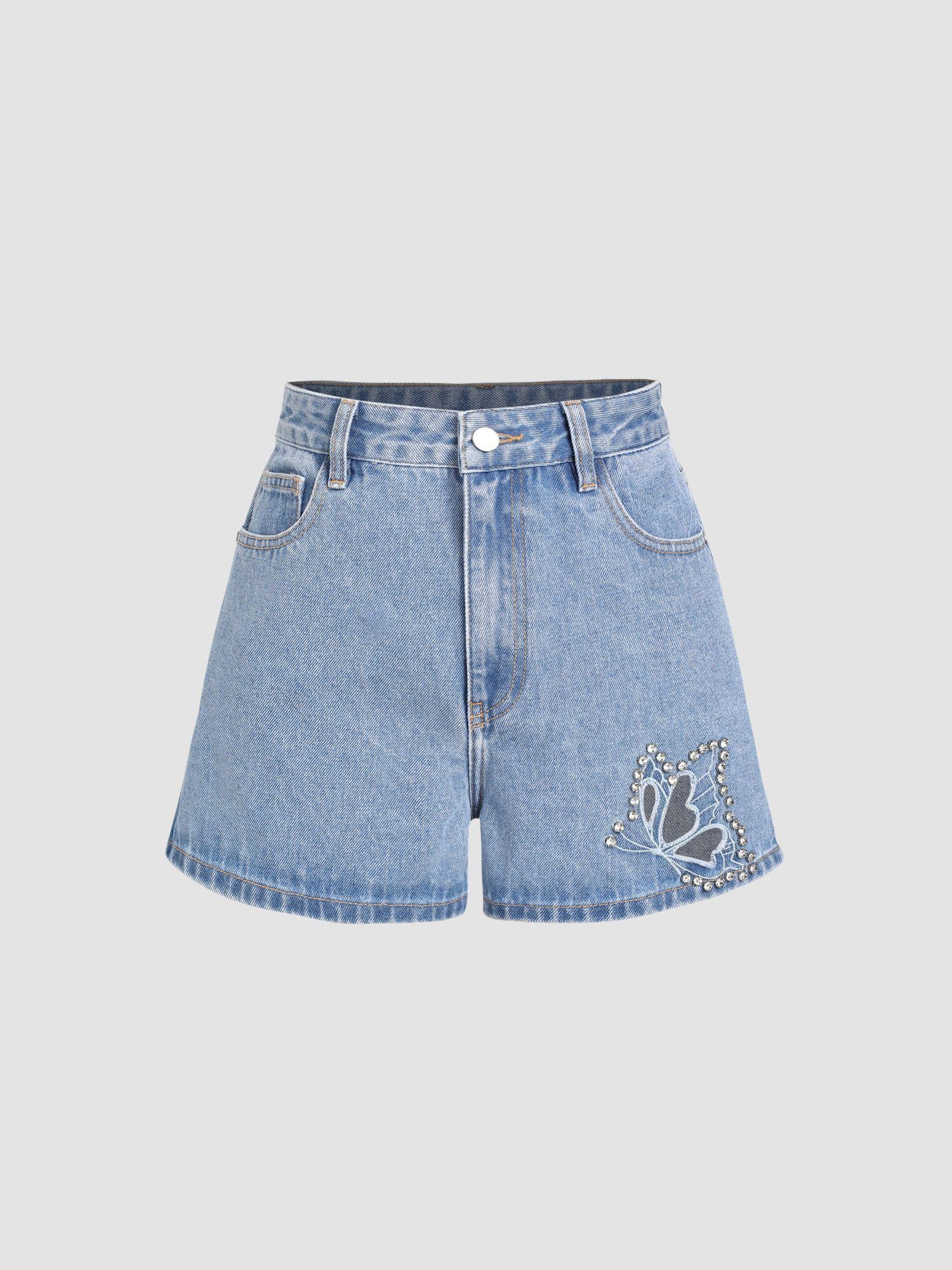 butterfly rhinestone wide leg jean shorts