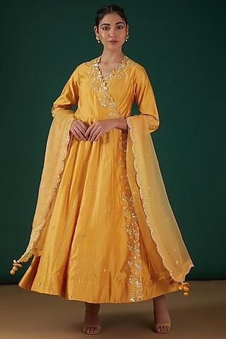 buttery yellow silk embroidered angrakha anarkali set