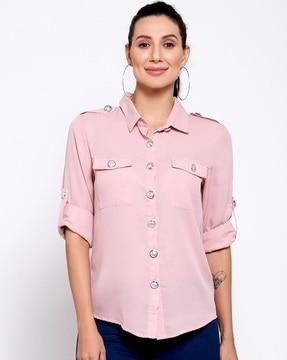 button closure top with roll-up sleeves
