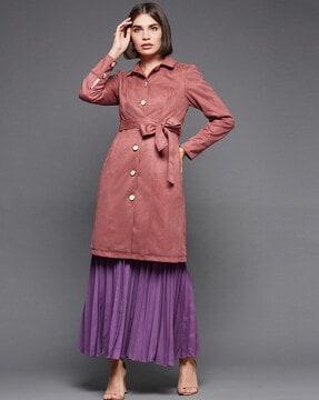 button-closure trench coat with waist tie-up
