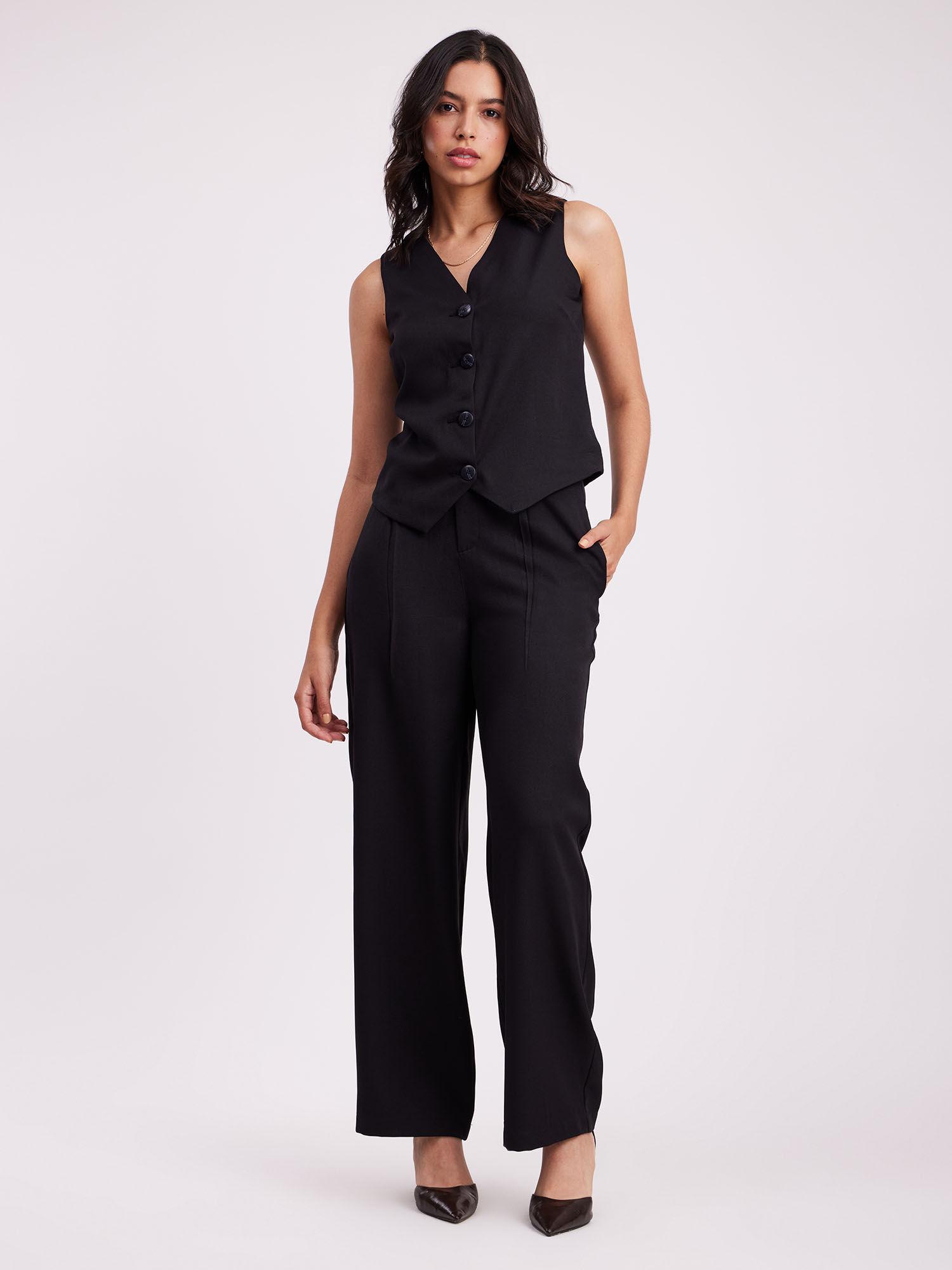 button detail top & front pleat trouser co-ord - black (set of 2)