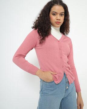 button-down cardigan with ribbed hems