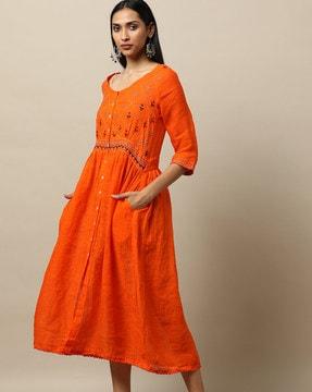 button-down a-line dress with embroidered kurta