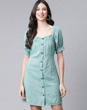 button-down a-line dress with puff sleeves