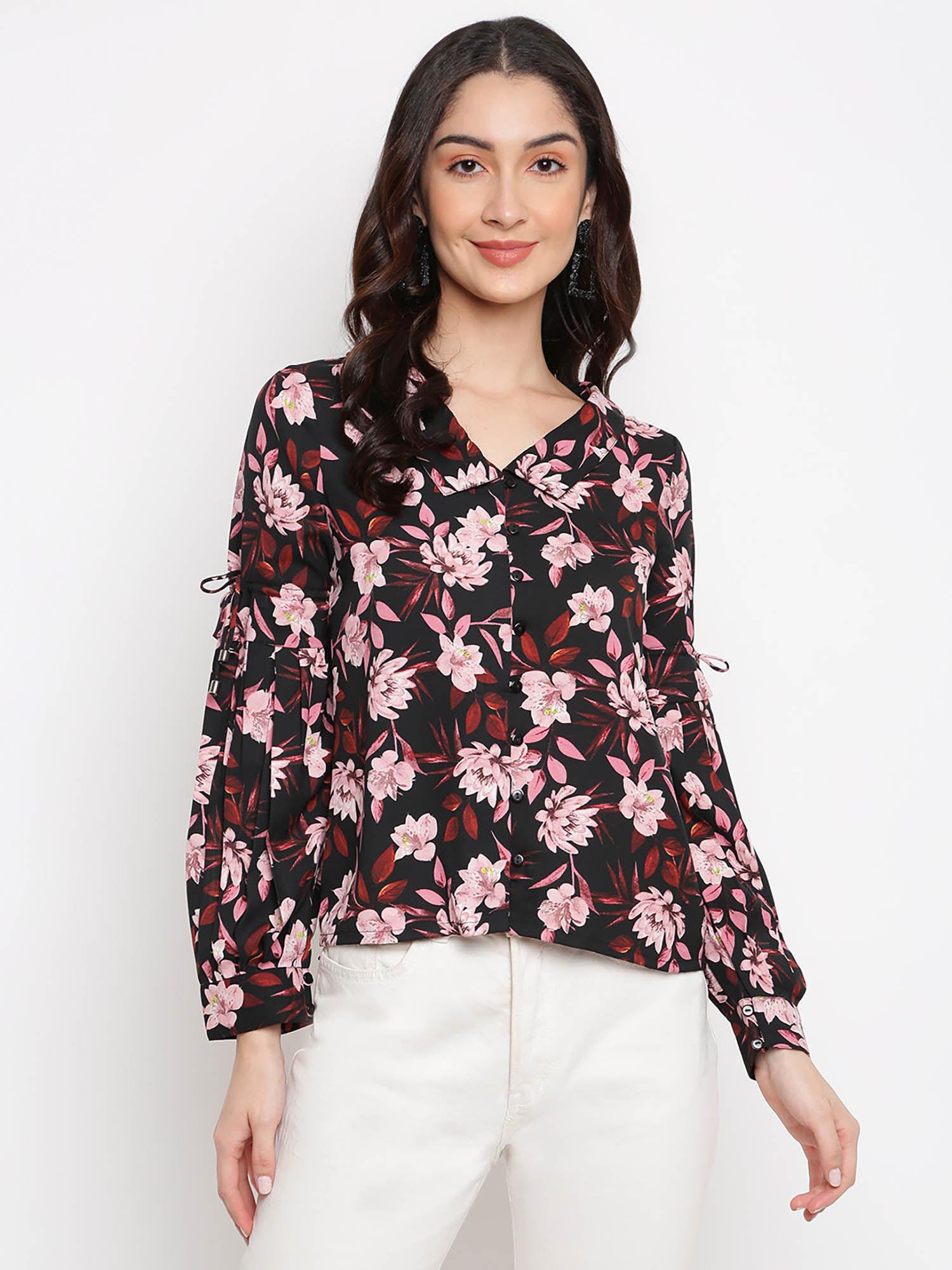 button down black floral print full sleeve top