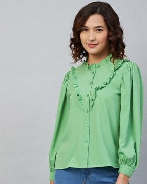 button-down blouse with ruffled panels