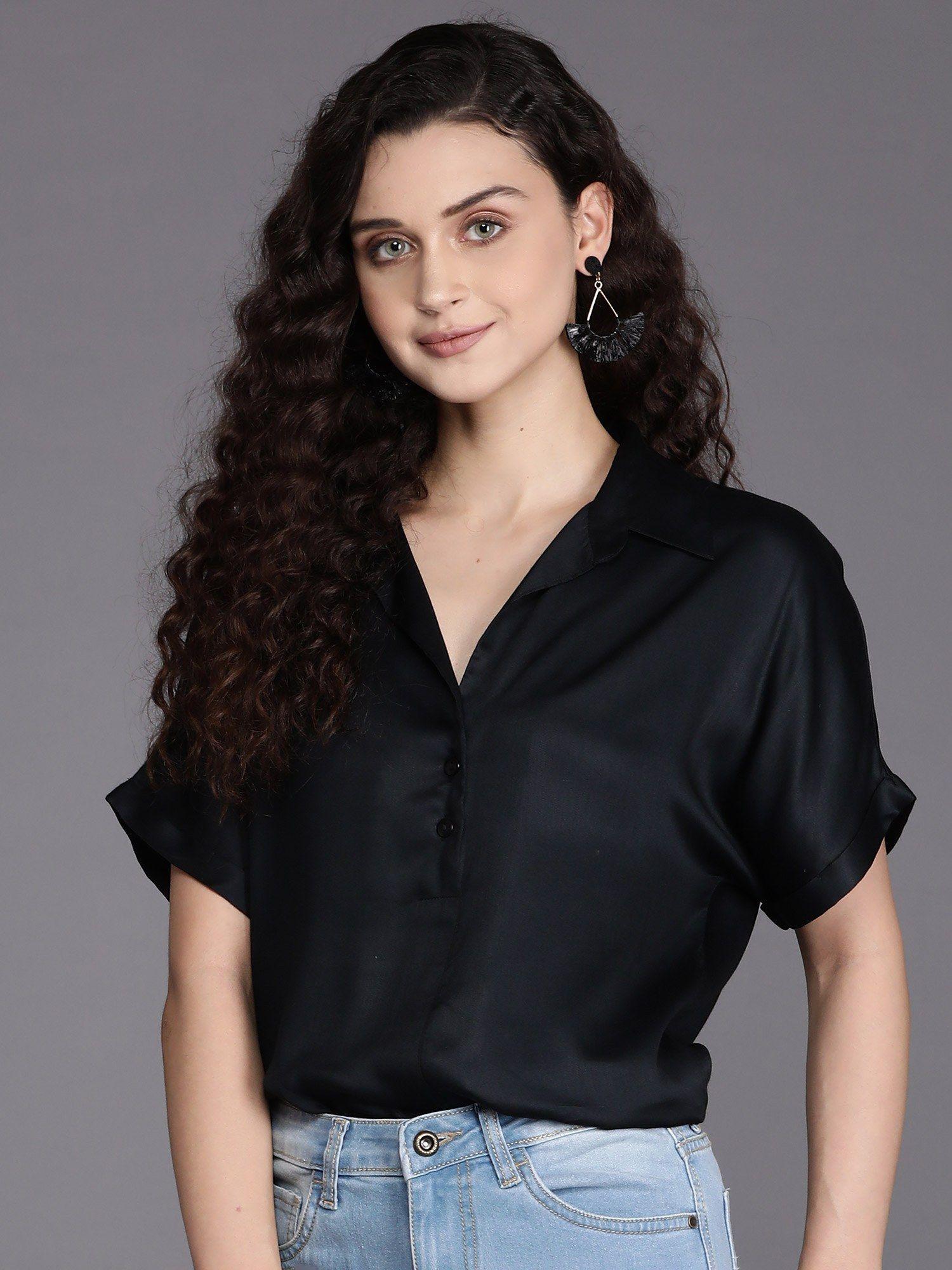 button-down collar black solid short sleeves casual shirt for women