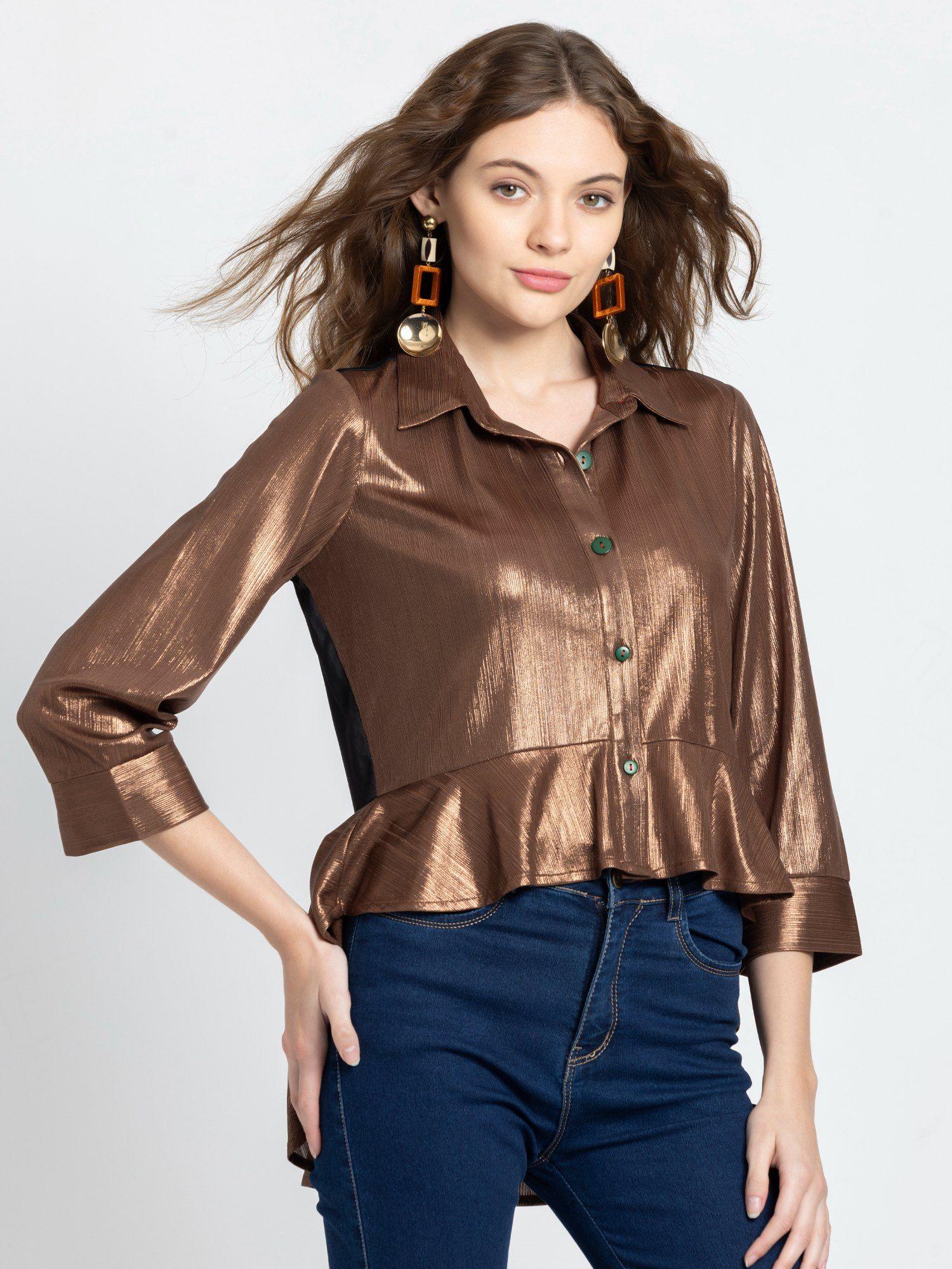 button down collar brown solid three fourth sleeves party shirts for women