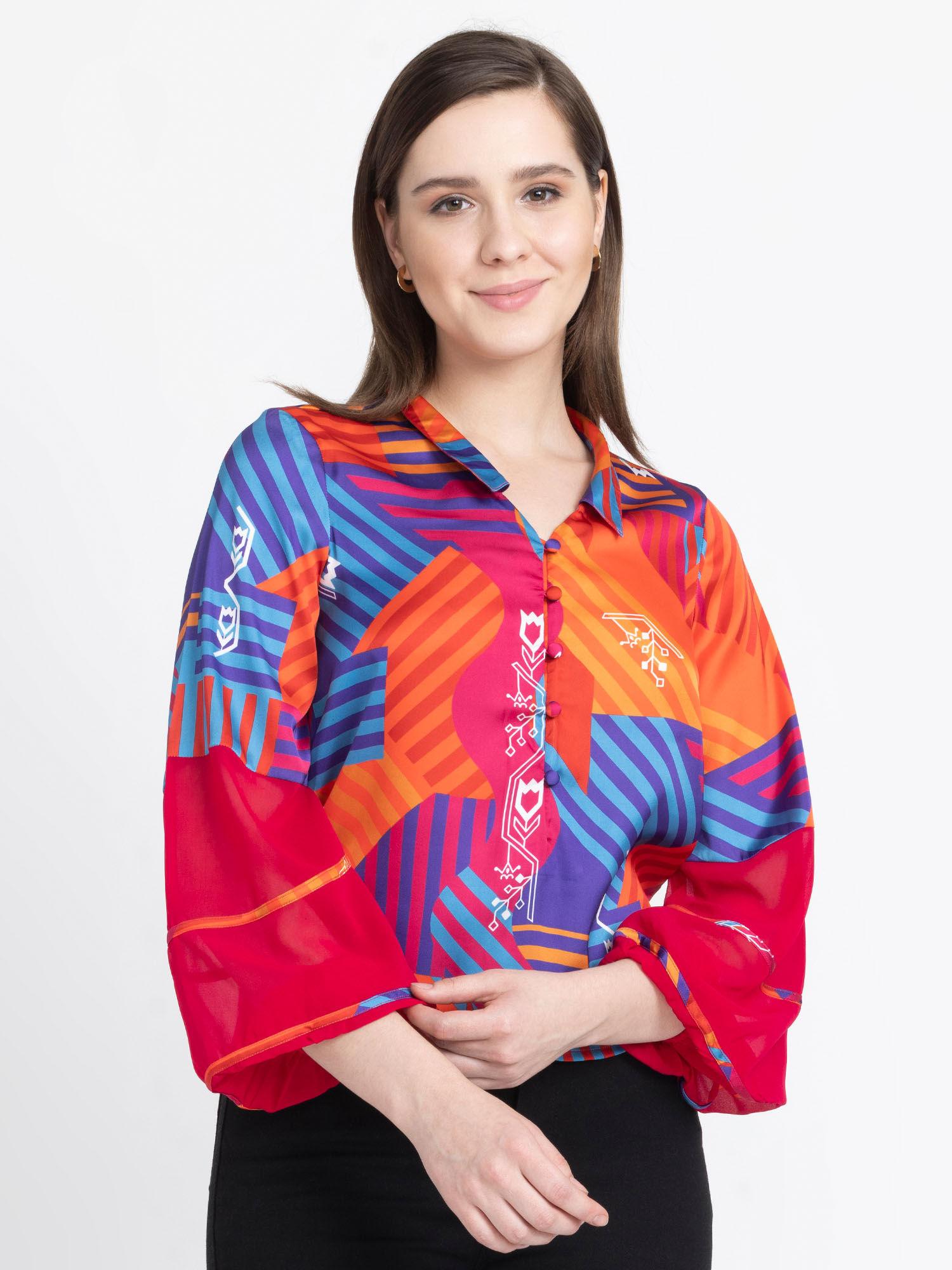 button-down collar fuchsia printed casual shirts for women